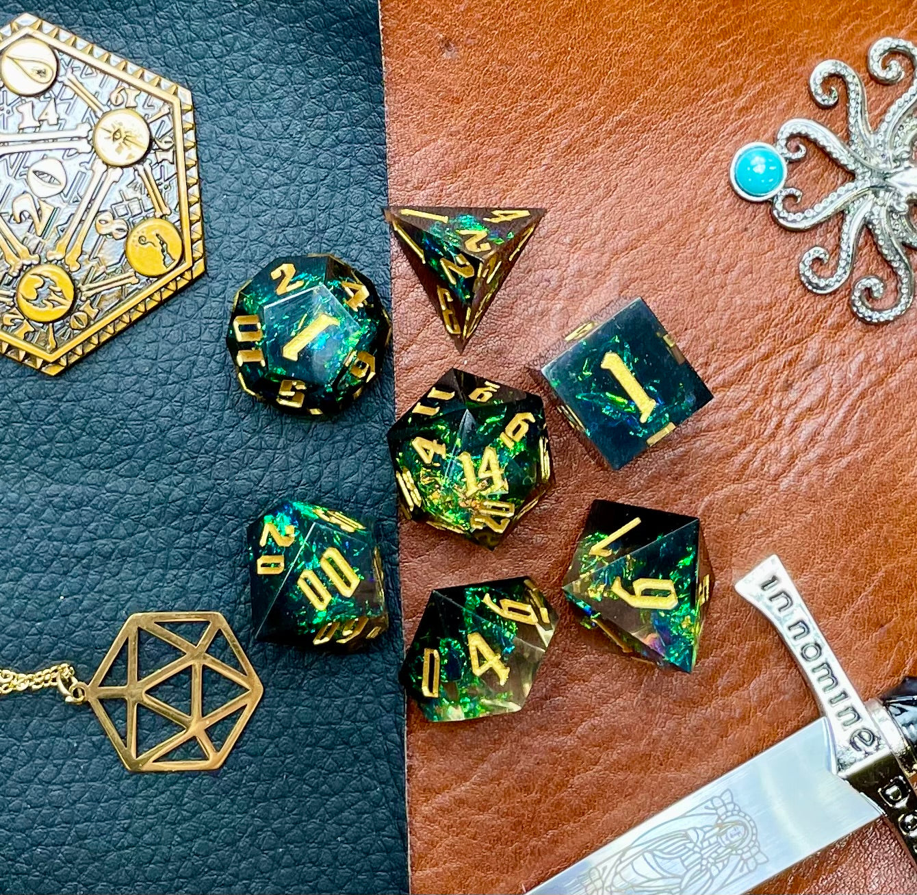 Green And Black Glitter Sharp Edge Dice Set Polished luxury sharp edge dice set Roll in style with these polyhedral dice sets perfect for Tabletop games and RPG's such as pathfinder or dungeons and dragons Free UK Delivery by Fandomonium