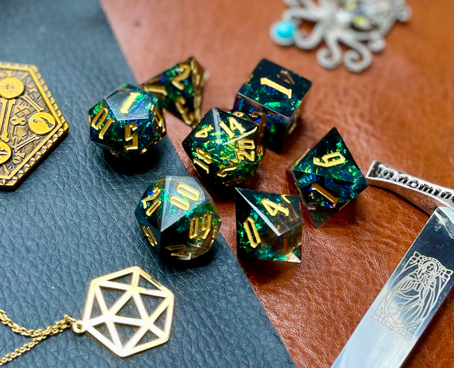 Green And Black Glitter Sharp Edge Dice Set Polished luxury sharp edge dice set Roll in style with these polyhedral dice sets perfect for Tabletop games and RPG's such as pathfinder or dungeons and dragons Free UK Delivery by Fandomonium