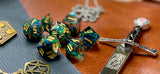 Green And Black Glitter Sharp Edge Dice Set Polished luxury sharp edge dice set Roll in style with these polyhedral dice sets perfect for Tabletop games and RPG's such as pathfinder or dungeons and dragons Free UK Delivery by Fandomonium