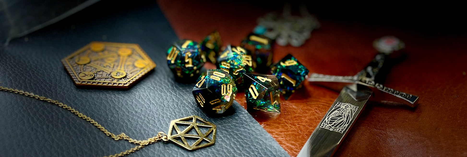 Green And Black Glitter Sharp Edge Dice Set Polished luxury sharp edge dice set Roll in style with these polyhedral dice sets perfect for Tabletop games and RPG's such as pathfinder or dungeons and dragons Free UK Delivery by Fandomonium