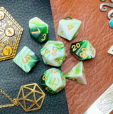 Green and White Marble Polyhedral Dice Set  Roll with style with these green and white marbled resin polyhedral dice set.  They are standard 16mm polyhedral dice sets perfect for Tabletop games and RPG's such as pathfinder or dungeons and dragons.  This set includes one of each D20, D12, D10, D%, D8, D6, D4.