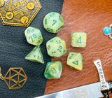 Green Marble Chessex Dice Set  These genuine Chessex polyhedral dice sets are a perfect addition to any dice collection.  They are standard 16mm polyhedral dice sets perfect for Tabletop games and RPG's such as pathfinder or dungeons and dragons.  This set includes one of each D20, D12, D10, D%, D8, D6, D4.  Why Choose Chessex?  Chessex are the market leaders in quality of dice and consistency of roll and have been creating dice for over 30 years
