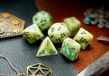 Green Marble Chessex Dice Set  These genuine Chessex polyhedral dice sets are a perfect addition to any dice collection.  They are standard 16mm polyhedral dice sets perfect for Tabletop games and RPG's such as pathfinder or dungeons and dragons.  This set includes one of each D20, D12, D10, D%, D8, D6, D4.  Why Choose Chessex?  Chessex are the market leaders in quality of dice and consistency of roll and have been creating dice for over 30 years