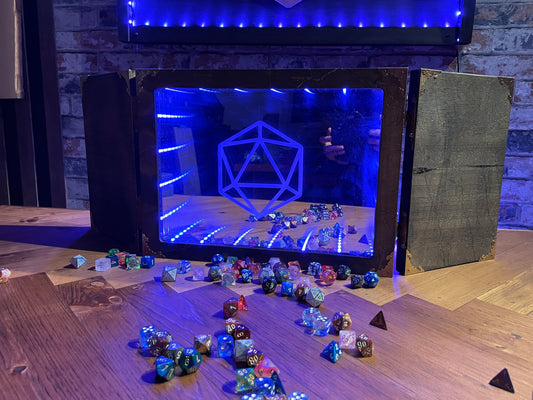 Introducing our infinity mirror hand made Dungeon Master screen. Create a unique atmosphere around your table as your players stare into the abyss of light. Perfect for TTRPG, tabletop gaming, Dungeons and Dragons Etc.  Free UK Delivery By Fandomonium