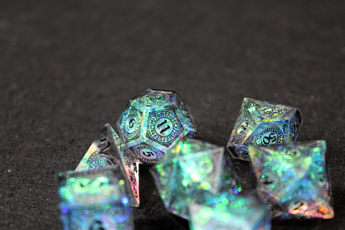 Norse Runes Clear Glitter Sharp Edge Dice Set