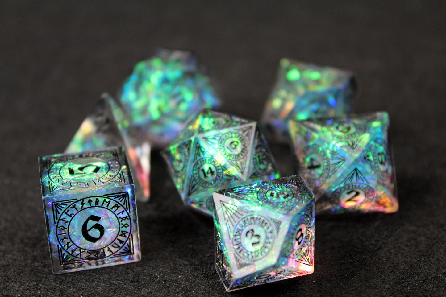 Norse Runes Clear Glitter Sharp Edge Dice Set