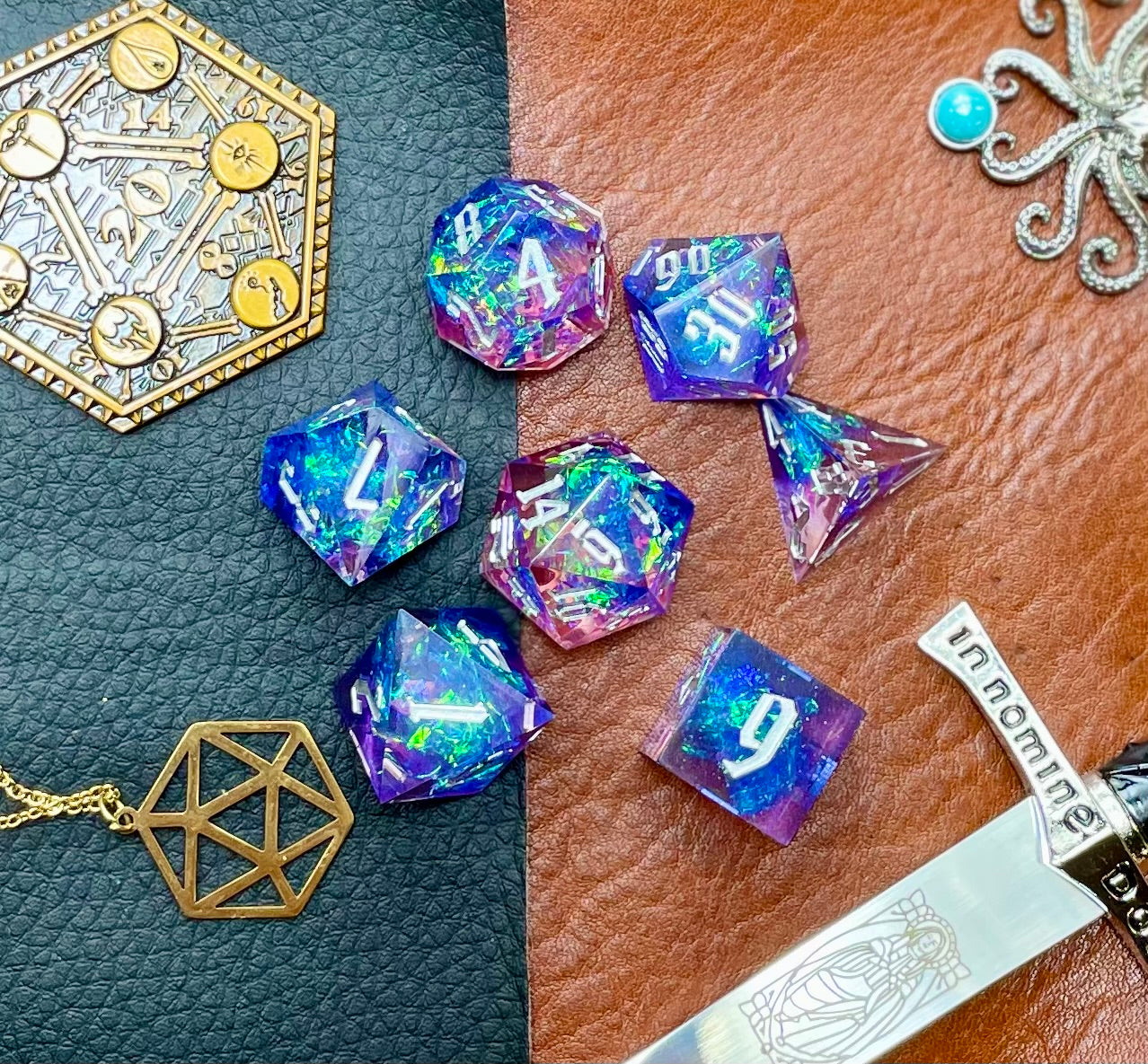 Light Blue and Pink Glitter Sharp Edge Dice Set Polished luxury sharp edge dice set Roll in style with these polyhedral dice sets perfect for Tabletop games and RPG's such as pathfinder or dungeons and dragons. Free UK Delivery by Fandomonium