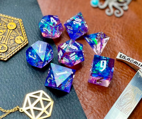 Light Blue and Pink Glitter Sharp Edge Dice Set Polished luxury sharp edge dice set Roll in style with these polyhedral dice sets perfect for Tabletop games and RPG's such as pathfinder or dungeons and dragons. Free UK Delivery by Fandomonium