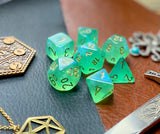 Light Green Shimmer Chessex Borealis Dice Set  These genuine Chessex polyhedral dice sets are a perfect addition to any dice collection.  They are standard 16mm polyhedral dice sets perfect for Tabletop games and RPG's such as pathfinder or dungeons and dragons.  This set includes one of each D20, D12, D10, D%, D8, D6, D4.  Why Choose Chessex?  Chessex are the market leaders in quality of dice and consistency of roll and have been creating dice for over 30 years