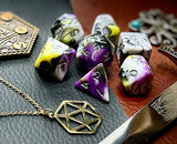 Gates of Oblivion Marble Polyhedral Dice Set  March of the Gates of Oblivion with these white, black, grey, purple and yellow marbled resin polyhedral dice set.  They are standard 16mm polyhedral dice sets perfect for Tabletop games and RPG's such as pathfinder or dungeons and dragons.  This set includes one of each D20, D12, D10, D%, D8, D6, D4.