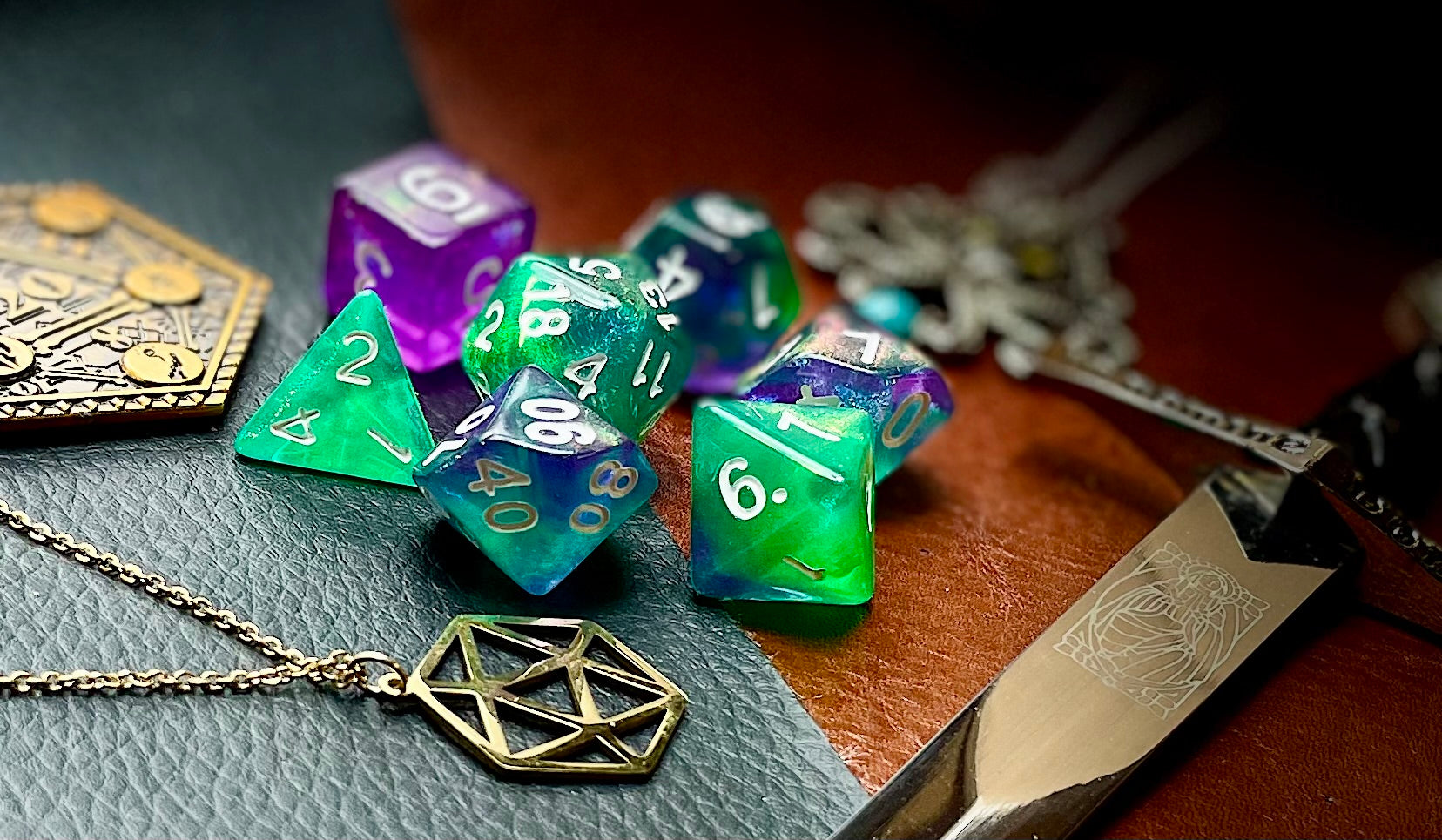 Mythic Potion Polyhedral Dice Set  Watch the ingredients mix with these green and purple swirl resin polyhedral dice set.   They are standard 16mm polyhedral dice sets perfect for Tabletop games and RPG's such as pathfinder or dungeons and dragons.  This set includes one of each D20, D12, D10, D%, D8, D6, D4.