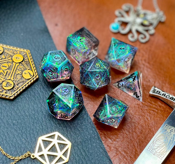 Norse Runes Clear Glitter Sharp Edge Dice Set Polished luxury sharp edge dice set Roll in style with these polyhedral dice sets perfect for Tabletop games and RPG's such as pathfinder or dungeons and dragons. Free UK Delivery by Fandomonium