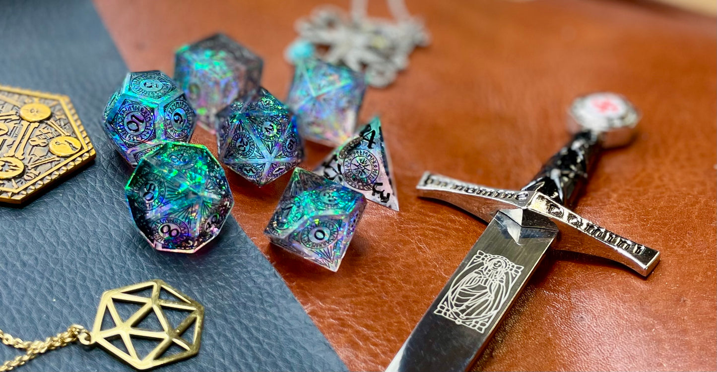 Norse Runes Clear Glitter Sharp Edge Dice Set Polished luxury sharp edge dice set Roll in style with these polyhedral dice sets perfect for Tabletop games and RPG's such as pathfinder or dungeons and dragons. Free UK Delivery by Fandomonium