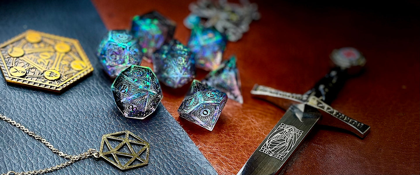 Norse Runes Clear Glitter Sharp Edge Dice Set Polished luxury sharp edge dice set Roll in style with these polyhedral dice sets perfect for Tabletop games and RPG's such as pathfinder or dungeons and dragons. Free UK Delivery by Fandomonium