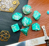 Oxi-Copper Marble Chessex Dice Set  These genuine Chessex polyhedral dice sets are a perfect addition to any dice collection.  They are standard 16mm polyhedral dice sets perfect for Tabletop games and RPG's such as pathfinder or dungeons and dragons.  This set includes one of each D20, D12, D10, D%, D8, D6, D4.  Why Choose Chessex?  Chessex are the market leaders in quality of dice and consistency of roll and have been creating dice for over 30 years
