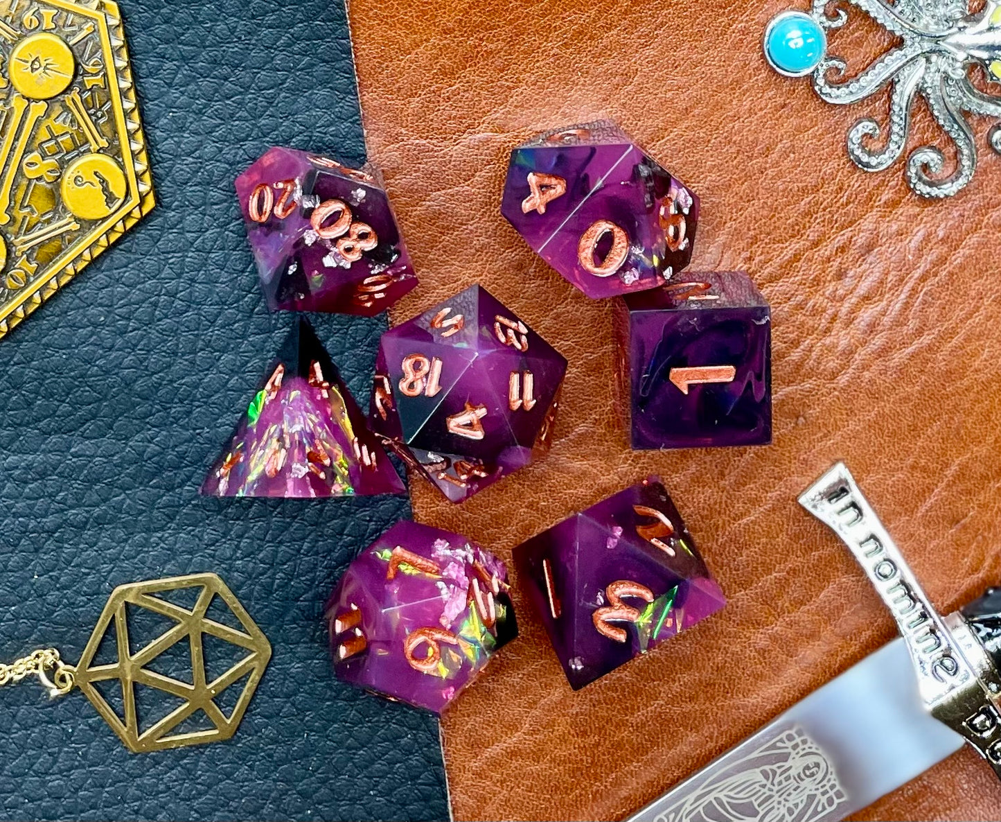 Purple Glitter Sharp Edge Dice Set Polished luxury sharp edge dice set Roll in style with these polyhedral dice sets perfect for Tabletop games and RPG's such as pathfinder or dungeons and dragons Free UK Delivery by Fandomonium