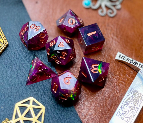 Purple Glitter Sharp Edge Dice Set Polished luxury sharp edge dice set Roll in style with these polyhedral dice sets perfect for Tabletop games and RPG's such as pathfinder or dungeons and dragons Free UK Delivery by Fandomonium