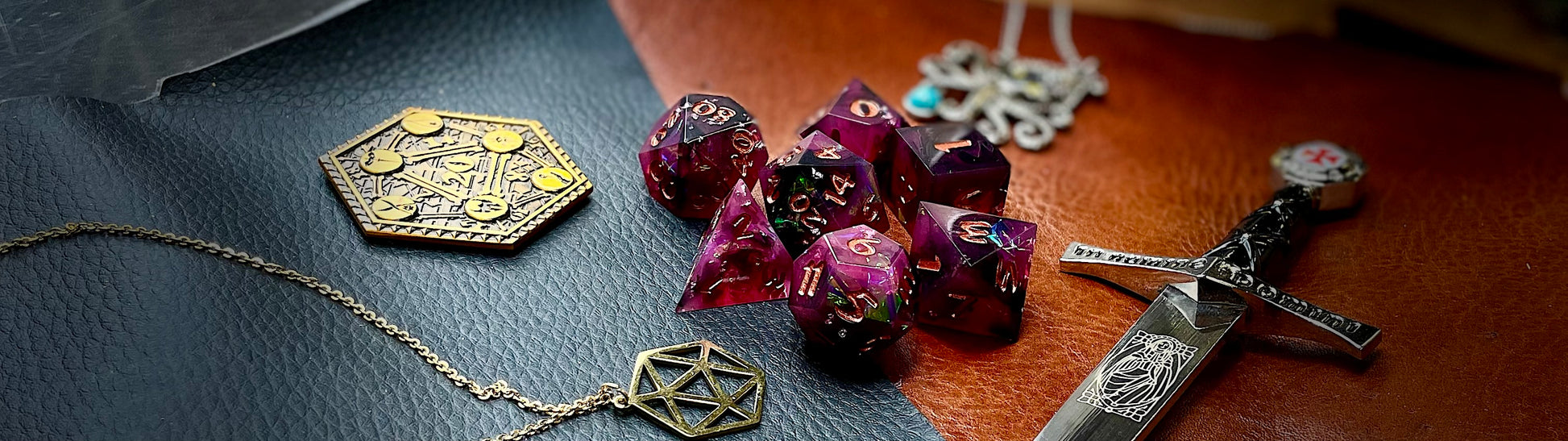 Purple Glitter Sharp Edge Dice Set Polished luxury sharp edge dice set Roll in style with these polyhedral dice sets perfect for Tabletop games and RPG's such as pathfinder or dungeons and dragons Free UK Delivery by Fandomonium