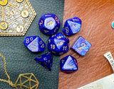 Purple Lustrous Chessex Dice Set  These genuine Chessex polyhedral dice sets are a perfect addition to any dice collection.  They are standard 16mm polyhedral dice sets perfect for Tabletop games and RPG's such as pathfinder or dungeons and dragons.  This set includes one of each D20, D12, D10, D%, D8, D6, D4.  Why Choose Chessex?  Chessex are the market leaders in quality of dice and consistency of roll and have been creating dice for over 30 years