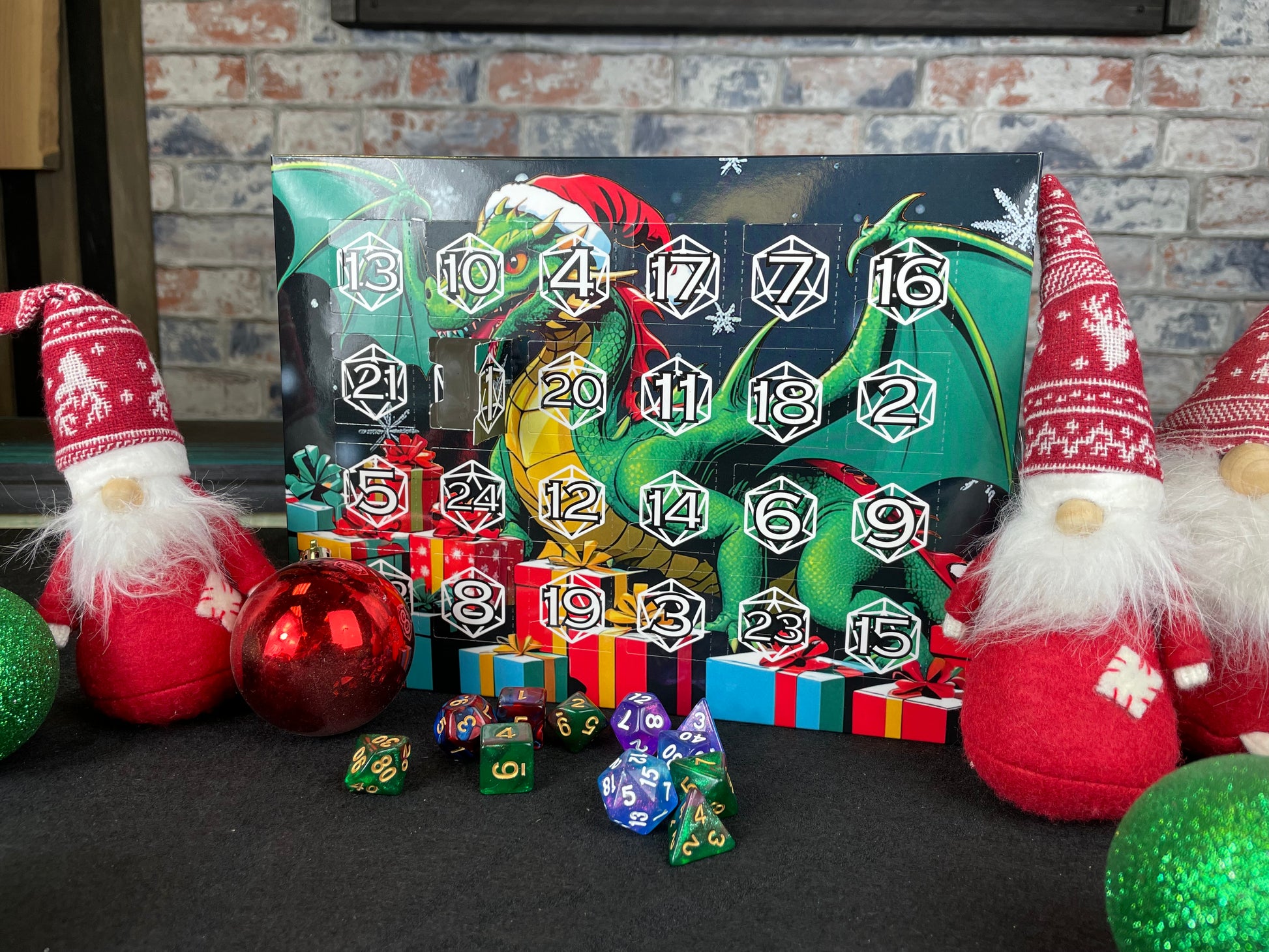 2024 D&amp;D Dice Advent Calendar

Featuring our own custom designed Christmas Dragon design, our dice advent calendar is a perfect early Christmas gift for fans of Dungeons and Dragons, tabletop gaming and RPG's