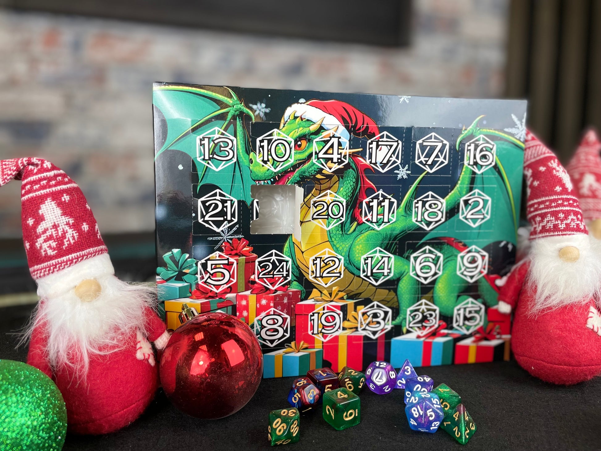 2024 D&D Dice Advent Calendar

Featuring our own custom designed Christmas Dragon design, our dice advent calendar is a perfect early Christmas gift for fans of Dungeons and Dragons, tabletop gaming and RPG's