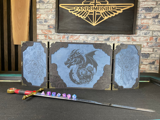 Draco Machina Dungeon Master Screen is a must-have for any tabletop gaming enthusiast. Crafted from high-quality wood and engraved with intricate designs, this screen is both sturdy and visually stunning. Ideal for tabletop gaming, Dungeons and Dragons, Pathfinder and many other TTRPG's