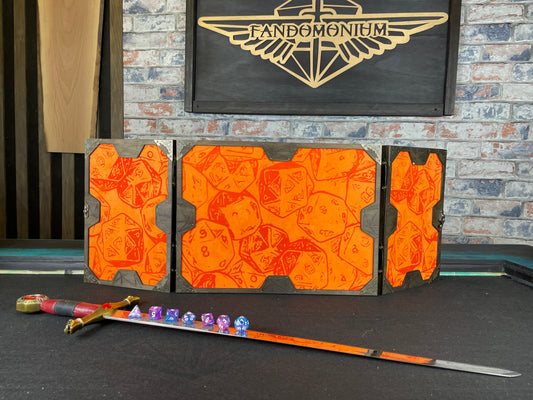 Roll The Dice Dungeon Master Screen is a must-have for any tabletop gaming enthusiast. Crafted from high-quality wood and engraved with intricate designs, this screen is both sturdy and visually stunning. Ideal for tabletop gaming, Dungeons and Dragons, Pathfinder and many other TTRPG's