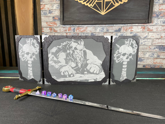 Orc Scholar Dungeon Master Screen is a must-have for any tabletop gaming enthusiast. Crafted from high-quality wood and engraved with intricate designs, this screen is both sturdy and visually stunning. Ideal for tabletop gaming, Dungeons and Dragons, Pathfinder and many other TTRPG's