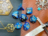 Elemental blue and copper resin polyhedral dice set.  Harness the power of the water and earth elemental spirits with these fantastic resin dice. Combining blue and copper swirls, each dice has its own unique pattern.  They are standard 16mm polyhedral dice sets perfect for Tabletop games and RPG's such as pathfinder or dungeons and dragons.
