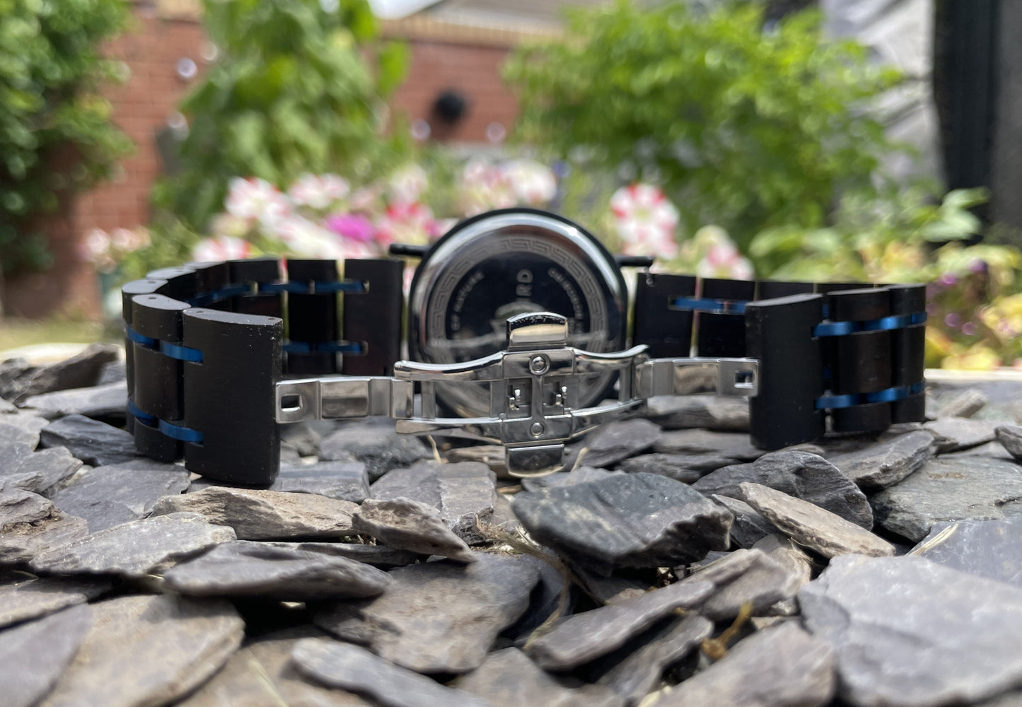 Black Wood & Blue Metal Interlocking Strap Self Winding Wooden Eco Watch