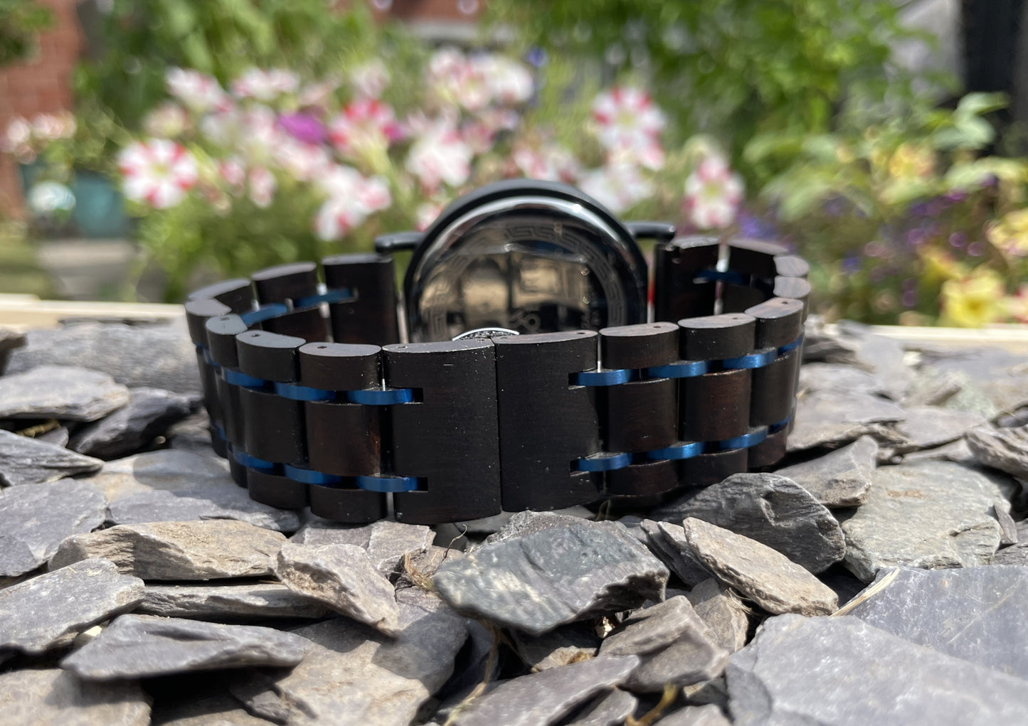 Black Wood & Blue Metal Interlocking Strap Self Winding Wooden Eco Watch