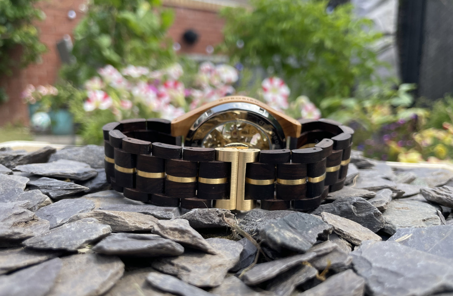 Black Wood & Gold Cog Style Interlocking Strap Self Winding Wooden Eco Watch