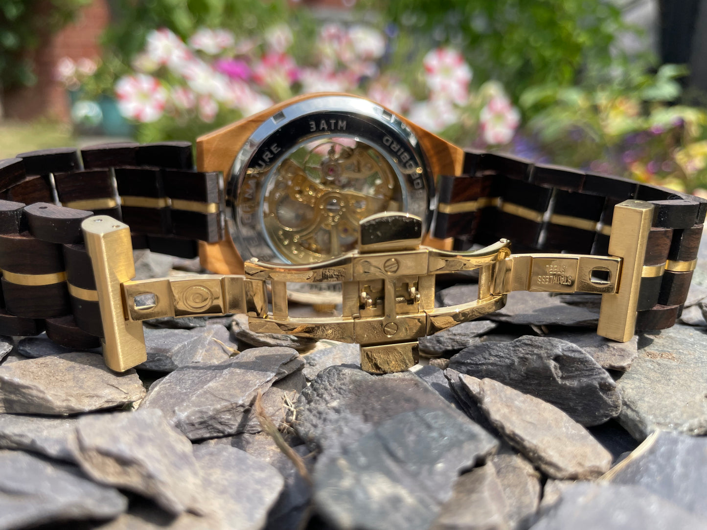 Black Wood & Gold Cog Style Interlocking Strap Self Winding Wooden Eco Watch