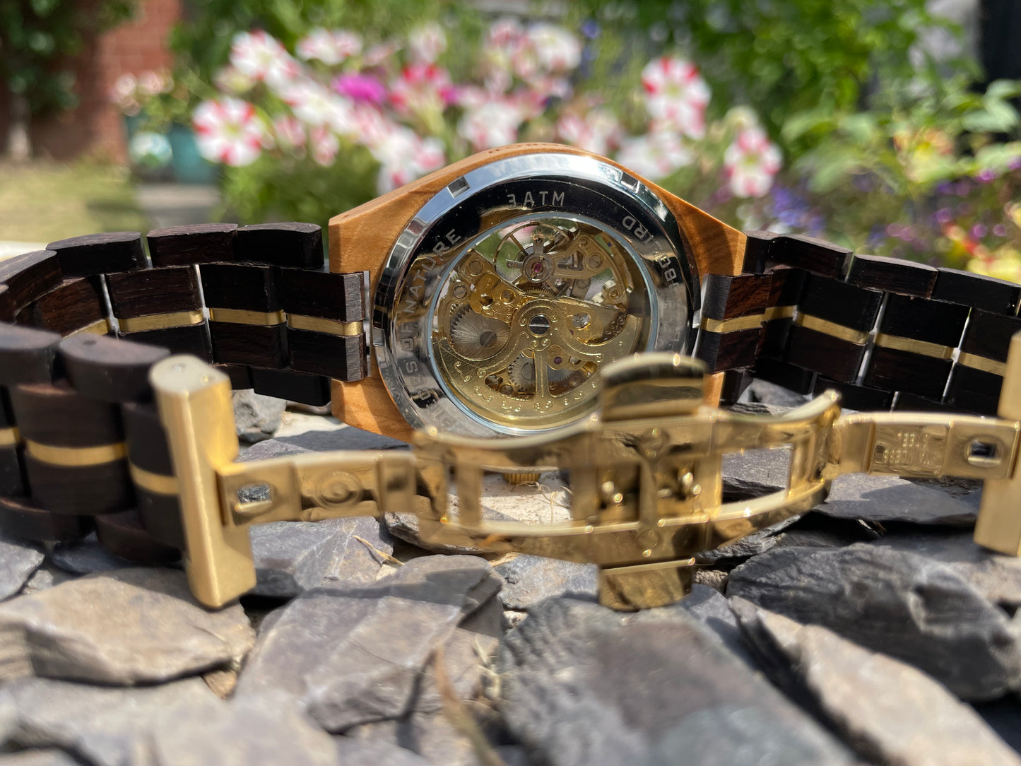 Black Wood & Gold Cog Style Interlocking Strap Self Winding Wooden Eco Watch