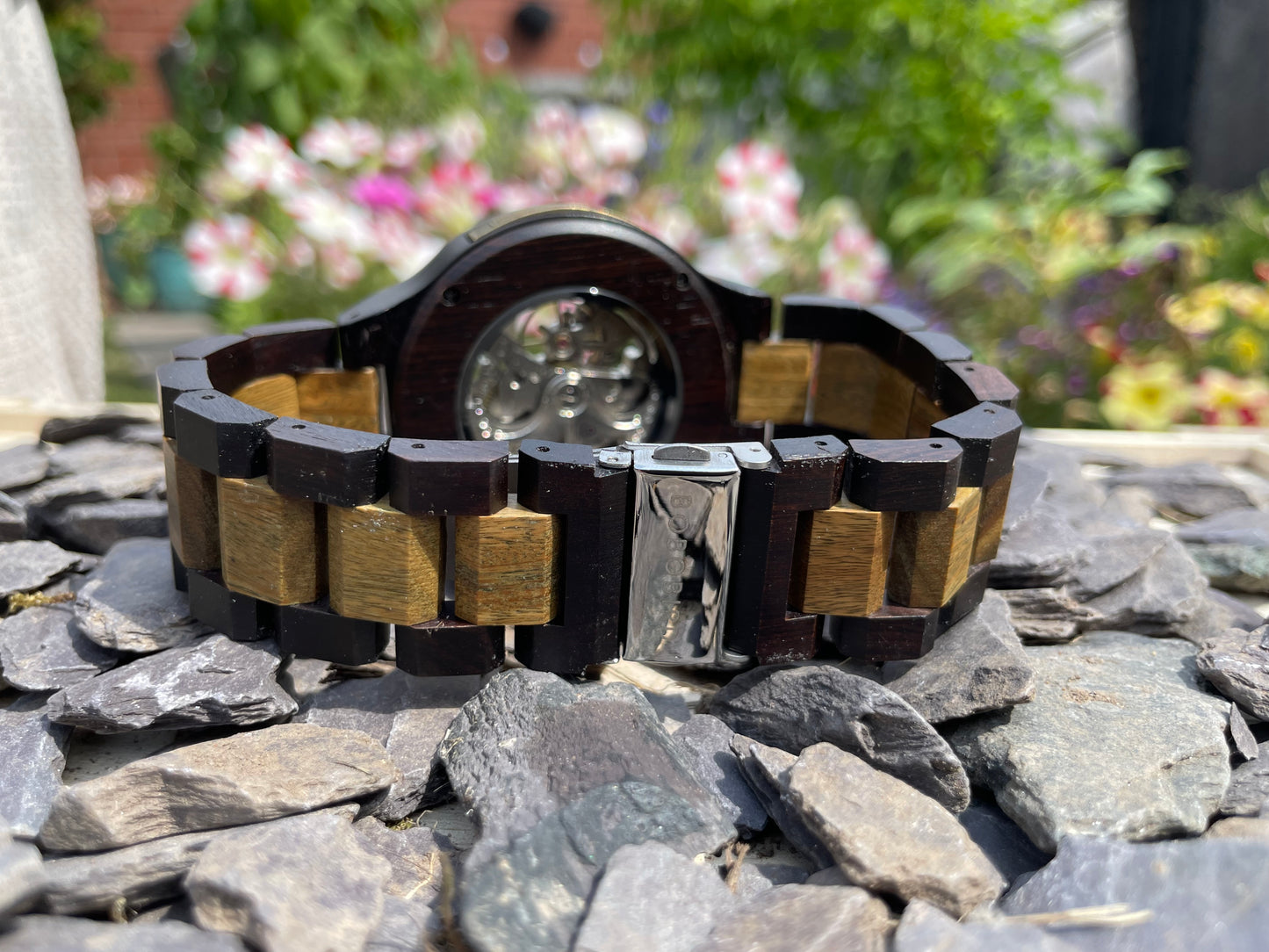 Walnut & Metal Cog Design Interlocking Strap Self Winding Wooden Eco Watch