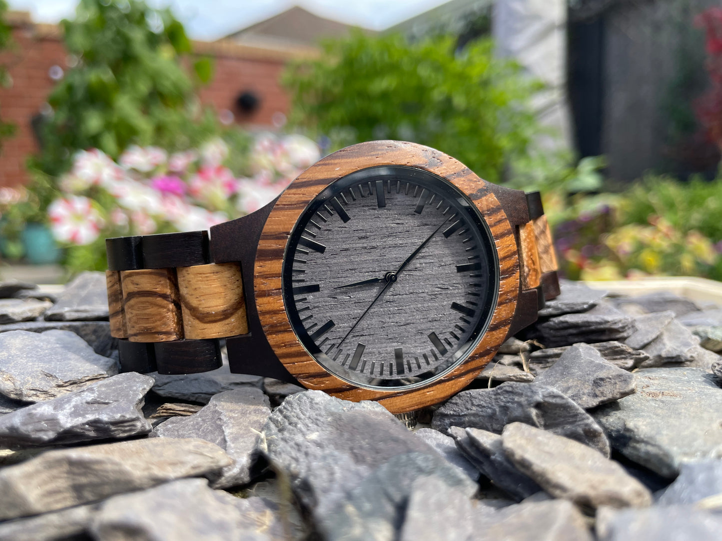 Walnut & Zebrano Wooden Eco Watch With Textured Face & Interlocking Strap