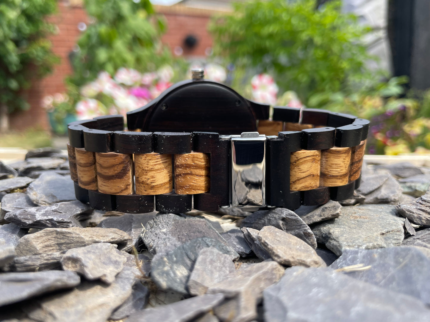 Walnut & Zebrano Wooden Eco Watch With Textured Face & Interlocking Strap