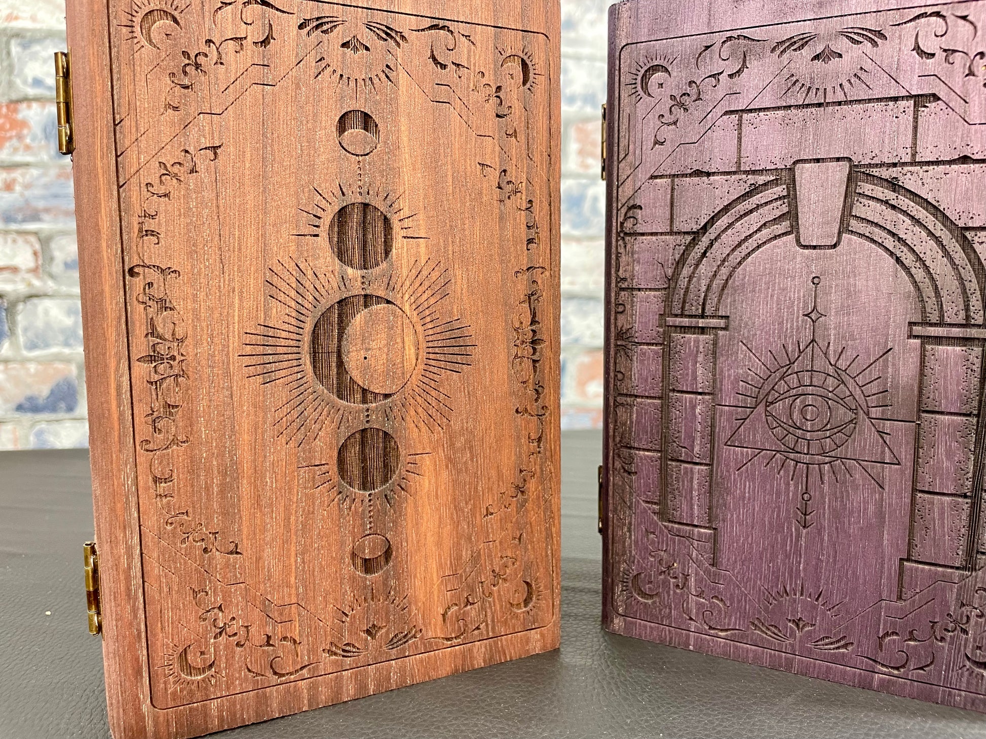 Solid Wood Tarot Deck Box In Choice of 14 Designs and 8 Colours.

Made from solid paulwonia wood and engraved to order; our boxes are perfect for storing, tarot cards, crystals, coins and any other types of trinket you can think of. Capable of comfortable hold a deck of standard sized tarot cards; these make an ideal gift or treat for yourself.