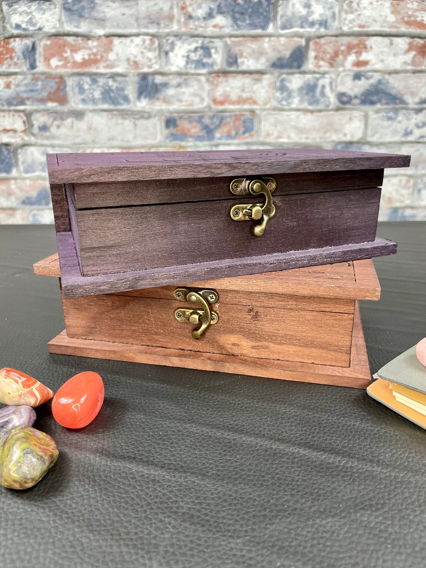 Solid Wood Tarot Deck Box In Choice of 14 Designs and 8 Colours.

Made from solid paulwonia wood and engraved to order; our boxes are perfect for storing, tarot cards, crystals, coins and any other types of trinket you can think of. Capable of comfortable hold a deck of standard sized tarot cards; these make an ideal gift or treat for yourself.