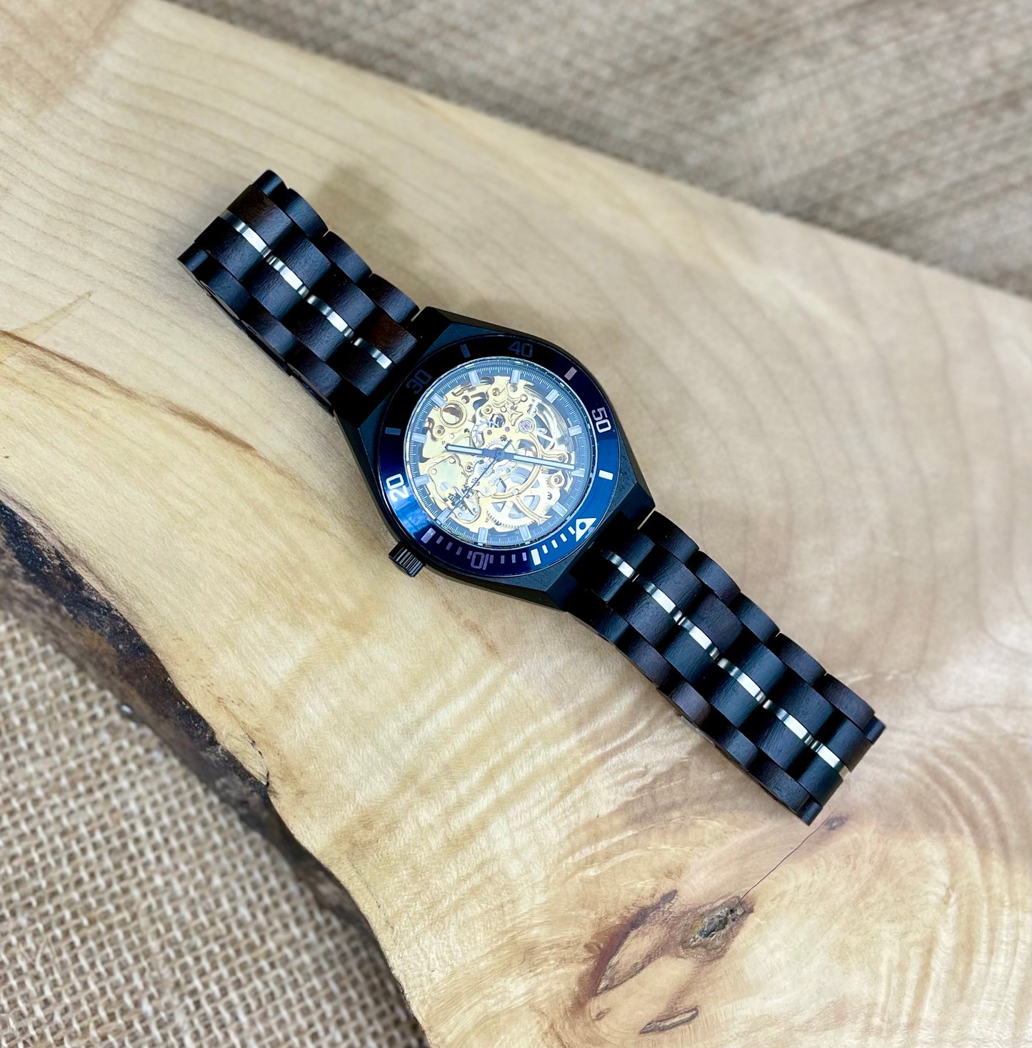 Black & Blue Wooden Automatic Movement Watch  | Personalised Watch | Unique Men's Watch