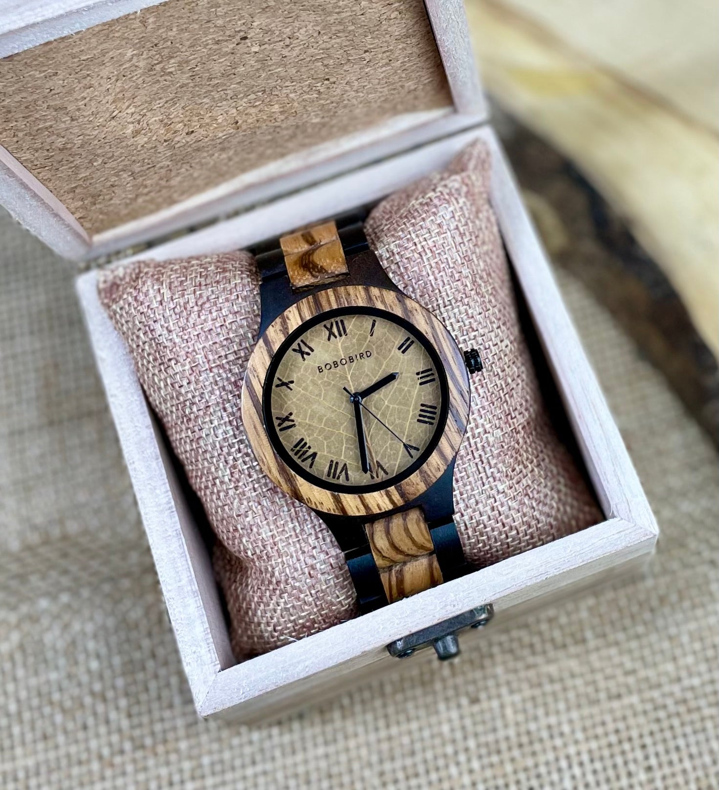 Wooden Automatic Movement Leaf Face Watch | Personalised Wooden Box | Personalised Watch | Gift For Him | Wooden Watch | Unique Gift Idea