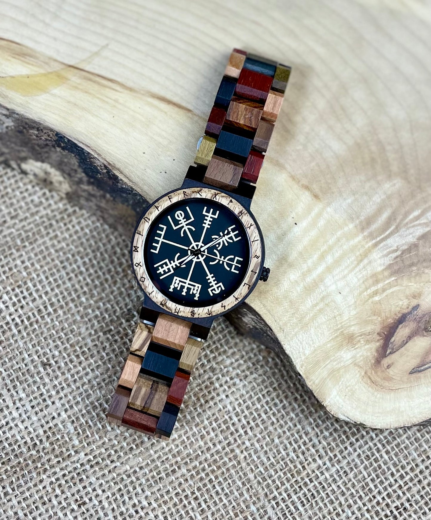 Norse Viking Style Wooden Watch | Personalised Viking Watch | Vegvisir Viking Compass Watch