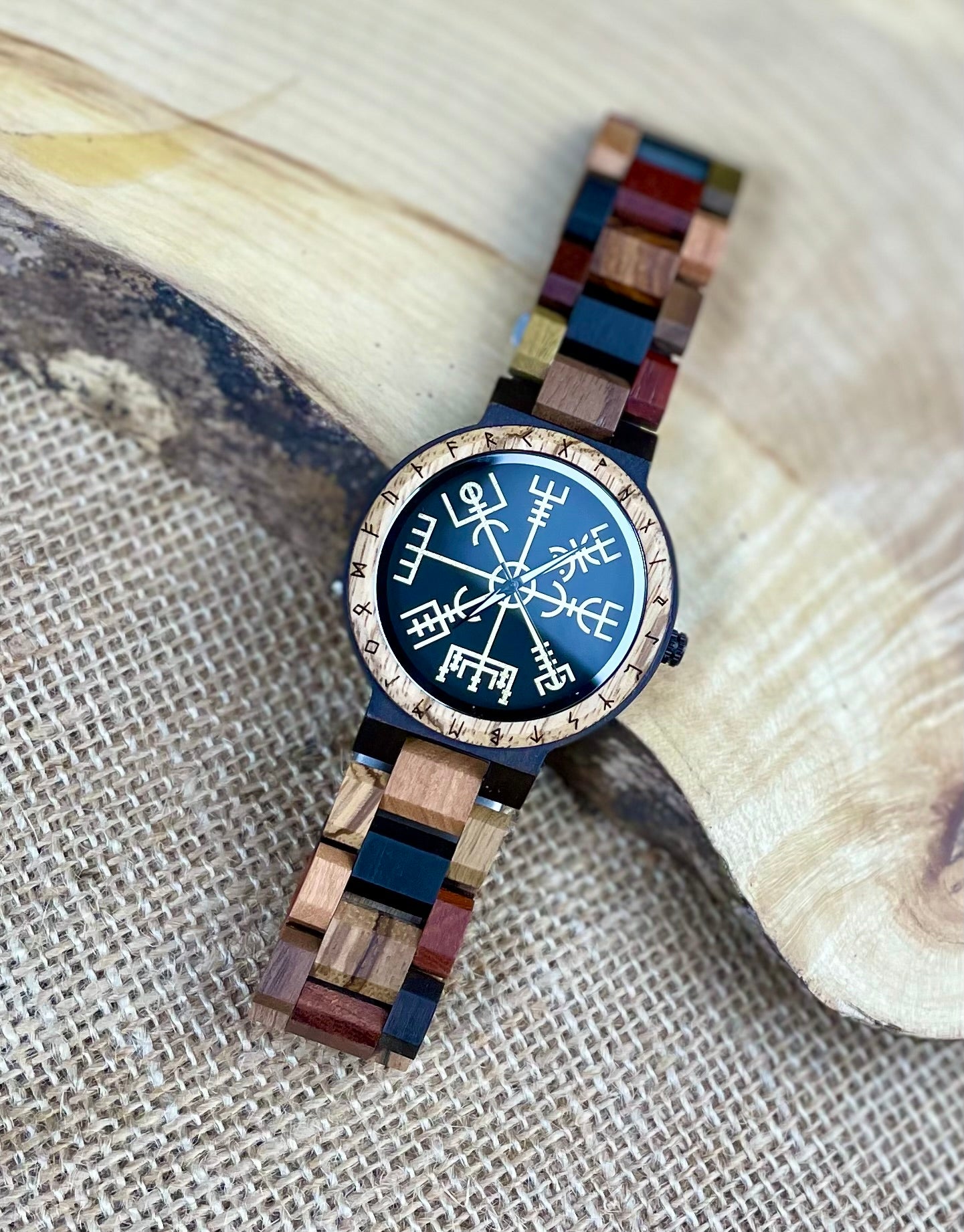 Norse Viking Style Wooden Watch | Personalised Viking Watch | Vegvisir Viking Compass Watch