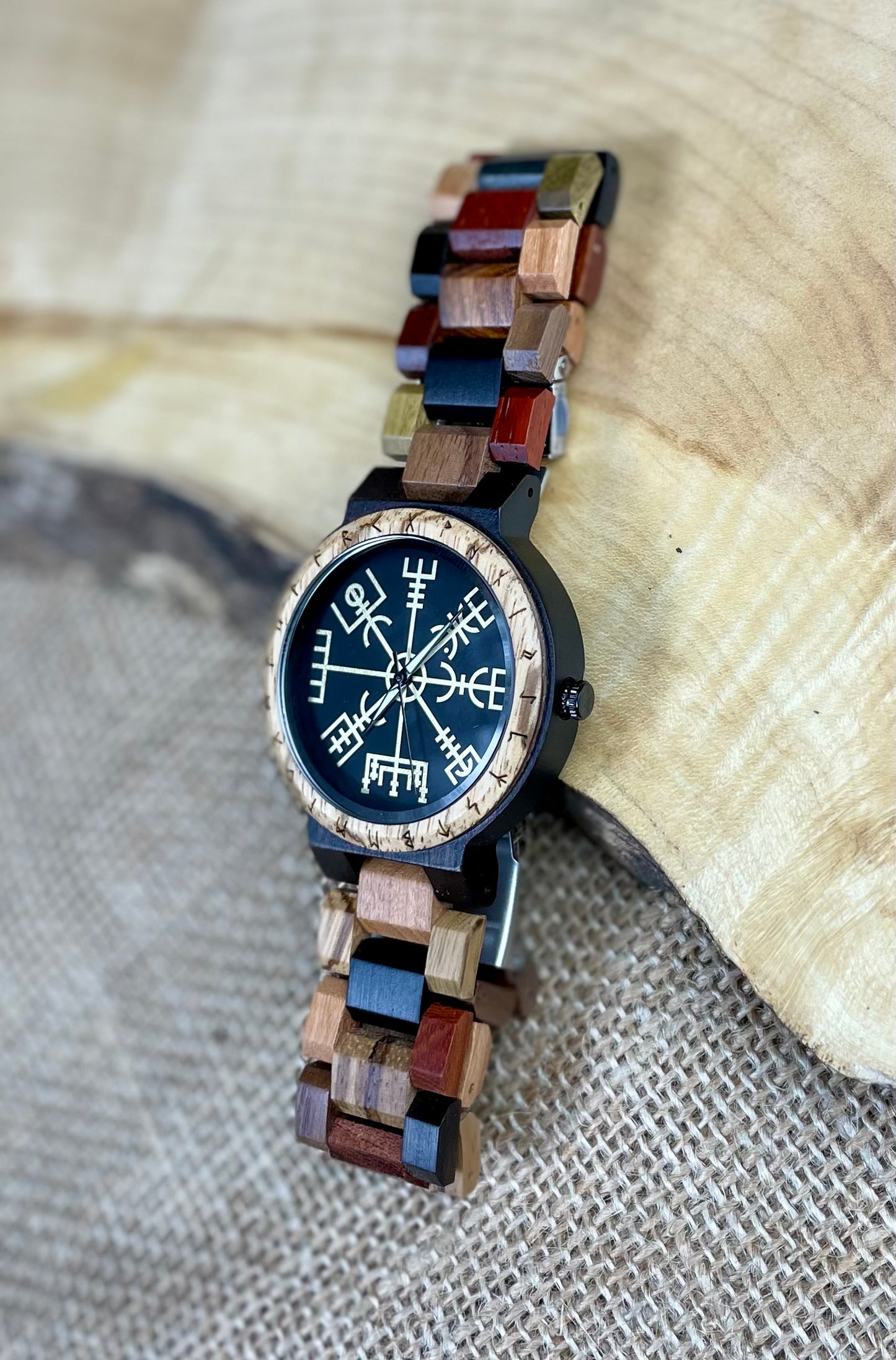 Norse Viking Style Wooden Watch | Personalised Viking Watch | Vegvisir Viking Compass Watch