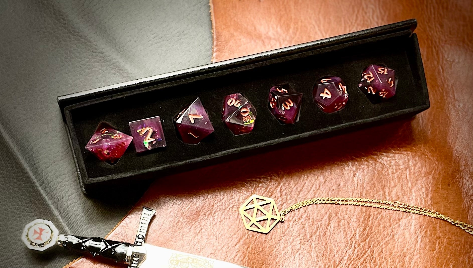 Purple Glitter Sharp Edge Dice Set Polished luxury sharp edge dice set Roll in style with these polyhedral dice sets perfect for Tabletop games and RPG's such as pathfinder or dungeons and dragons Free UK Delivery by Fandomonium