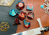 Red Teal Gemini Chessex Dice Set  These genuine Chessex polyhedral dice sets are a perfect addition to any dice collection.  They are standard 16mm polyhedral dice sets perfect for Tabletop games and RPG's such as pathfinder or dungeons and dragons.  This set includes one of each D20, D12, D10, D%, D8, D6, D4.  Why Choose Chessex?  Chessex are the market leaders in quality of dice and consistency of roll and have been creating dice for over 30 years