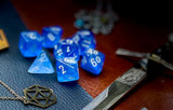 Sky Blue Borealis Chessex Dice Set. These genuine Chessex polyhedral dice sets are a perfect addition to any dice collection. They are standard 16mm polyhedral dice sets perfect for Tabletop games and RPG's such as pathfinder or dungeons and dragons. This set includes one of each D20, D12, D10, D%, D8, D6, D4.