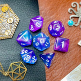 Sapphire Phantom Polyhedral Dice Sett  Enter the spirit realm blue and purple swirl resin polyhedral dice set.  They are standard 16mm polyhedral dice sets perfect for Tabletop games and RPG's such as pathfinder or dungeons and dragons.  This set includes one of each D20, D12, D10, D%, D8, D6, D4.