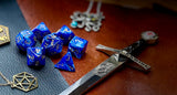 Blue Vortex Chessex Dice Set. These genuine Chessex polyhedral dice sets are a perfect addition to any dice collection. They are standard 16mm polyhedral dice sets perfect for Tabletop games and RPG's such as pathfinder or dungeons and dragons. This set includes one of each D20, D12, D10, D%, D8, D6, D4.