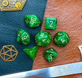 Green Vortex Chessex Dice Set. These genuine Chessex polyhedral dice sets are a perfect addition to any dice collection. They are standard 16mm polyhedral dice sets perfect for Tabletop games and RPG's such as pathfinder or dungeons and dragons. This set includes one of each D20, D12, D10, D%, D8, D6, D4.
